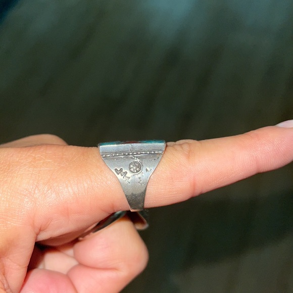 ZUNI STERLING SILVER Coral Inlay RING - Turquoise size 9 - Picture 2 of 4